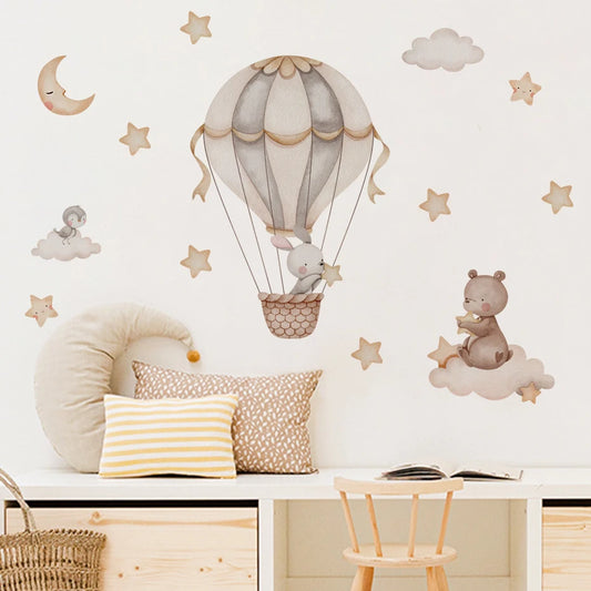 Cartoon Hot Air Balloon, Animals, Bear and Rabbits Wall Stickers
